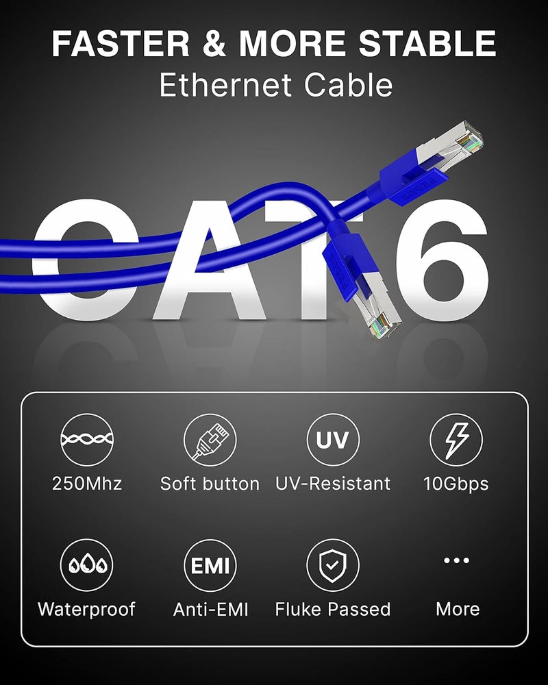 FEDUS كابل إيثرنت FEDUS Cat6، 100 متر/328 قدم سرعة عالية 550MHZ / 1 جيجابت سرعة كابل شبكة LAN كابل RJ45 سلك LAN، كابل كمبيوتر باتش فئة 6 جيجابت للأجهزة، جهاز التوجيه أزرق - Image 3