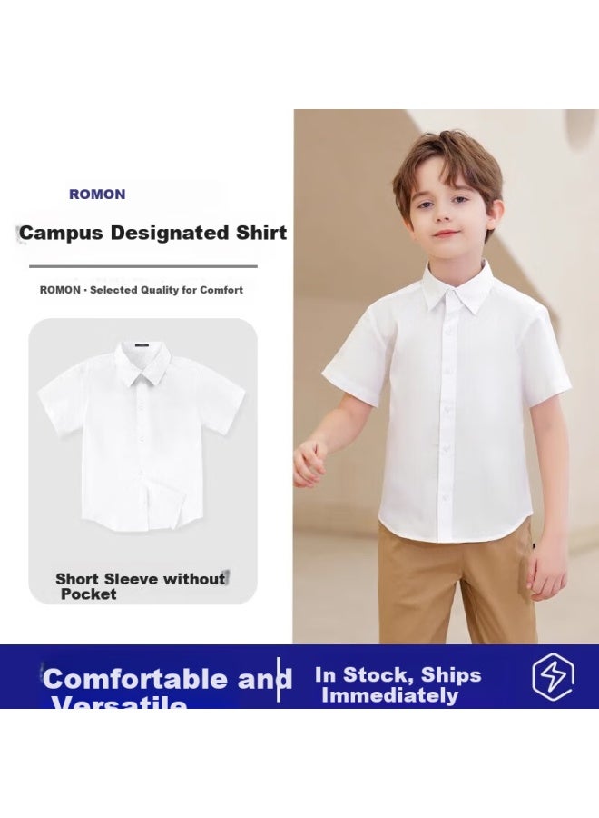 ROMON Romon Children's Short Sleeve White Shirt Spring And Summer New Boys And Girls School Uniform White Short Sleeve Shirt 120  - Image 2