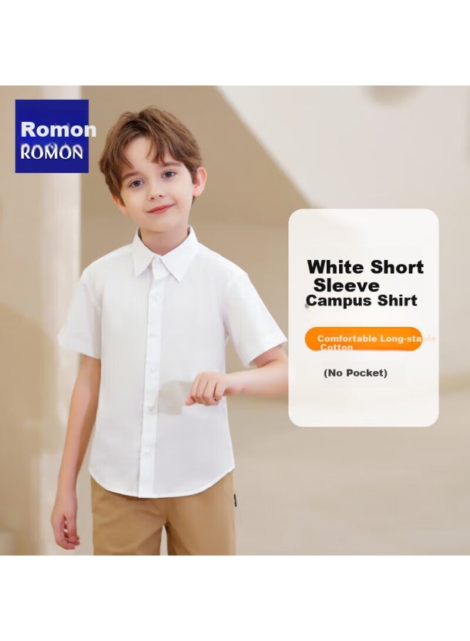 ROMON Romon Children's Short Sleeve White Shirt Spring And Summer New Boys And Girls School Uniform White Short Sleeve Shirt 120  - Image 1