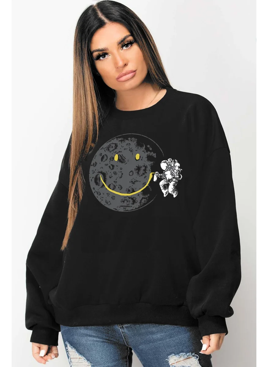 Rock&Roll Graffiti Astronaut Black Oversize Crew Neck Thick Women's Sweatshirt