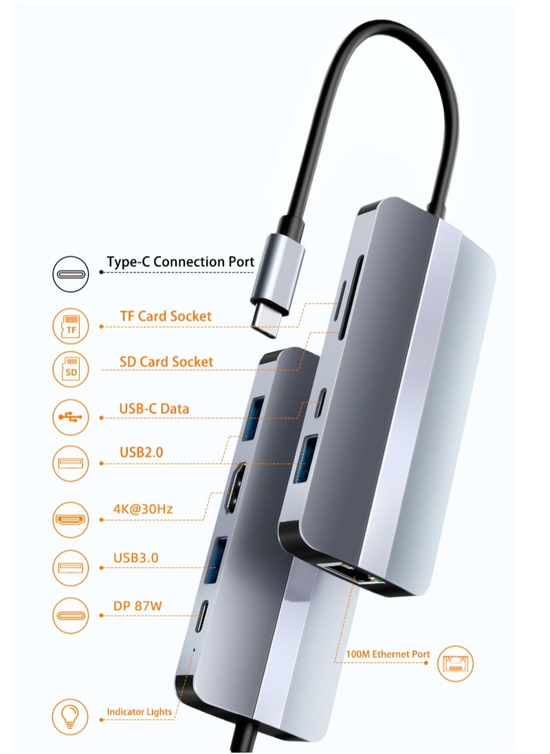 SIRKOLR SIRKOLR 9 in 1 USB C Hub Gigabit Ethernet Adapter with 100W PD Charging and 4K 30Hz HDMI,LAN,SD/TF Card Reader,5Gbps USB A&C 3.0/2.0 Data,LED Indicator Compatible with,Mac Book Pro XPS,Lenovo, etc  - Image 2