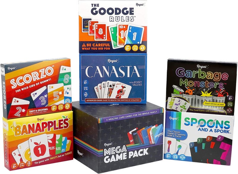 Regal Games Fun Card Games Set for Adults - Canasta, Spoons and a Spork, Garbage Monsters, ScorZo, The Goodge Rules, and Banapples Decks - Fun & Travel Playing Cards for Family Game Night - Image 1