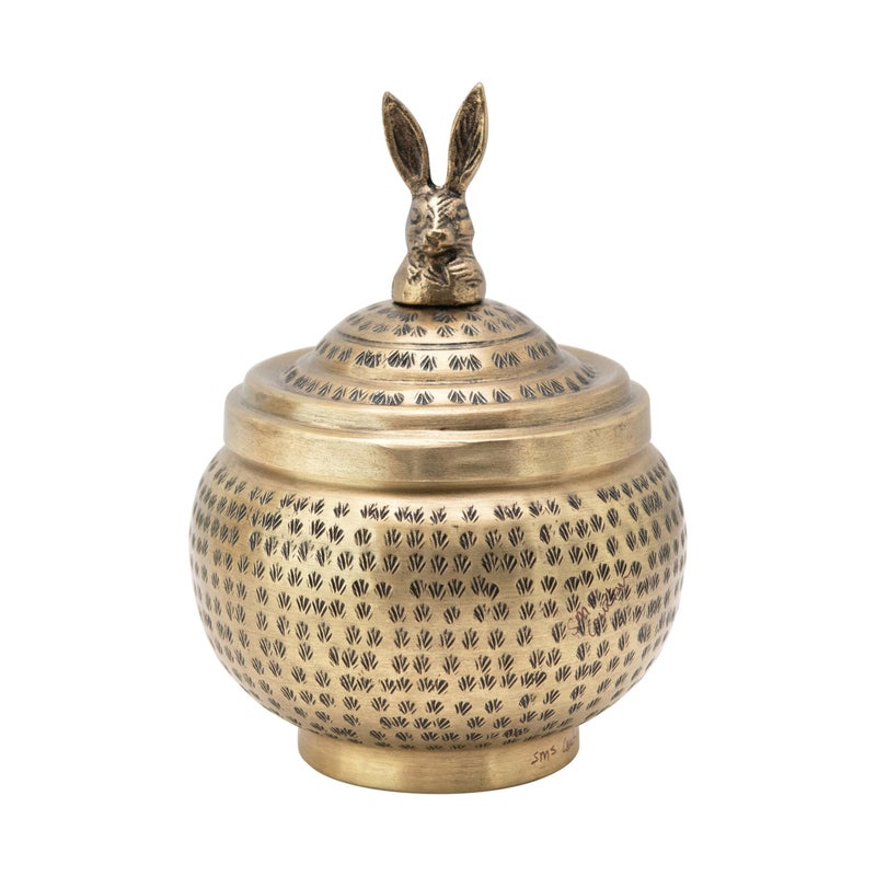 Creative CoOp Round Hammered Metal Container with Rabbit Finial Brass Finish
