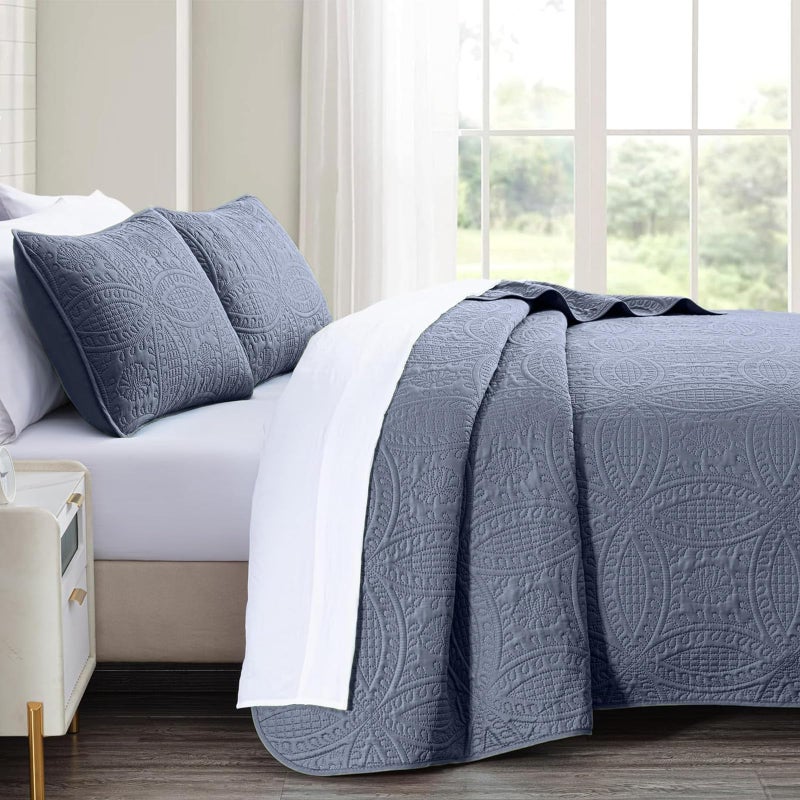 akkialla Quilts Queen Size,Bluish Grey Ultrasonic Full/Queen Quilt Set,Lightweight Soft Bedspread Coverlet,Modern Style Coin Pattern Bed Cover for All Seasons,3 Piece(1 Quilt,2 Pillow Shams) - Image 3
