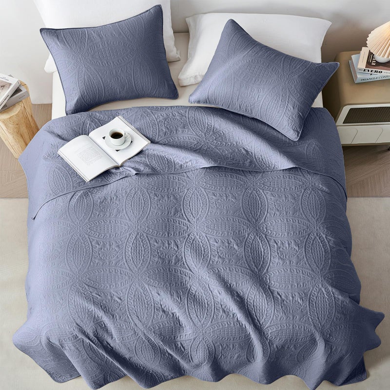 akkialla Quilts Queen Size,Bluish Grey Ultrasonic Full/Queen Quilt Set,Lightweight Soft Bedspread Coverlet,Modern Style Coin Pattern Bed Cover for All Seasons,3 Piece(1 Quilt,2 Pillow Shams) - Image 4
