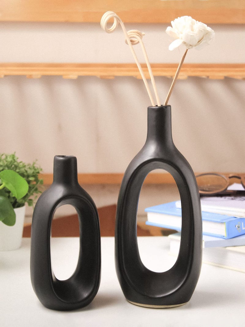 Purezento Modern Kieko Vases for Home Decor | Centerpieces | Kitchen | Office or Living Room with Unique Quality for Home Decor Center Table, Flowers Pot (Black,8 * 6 Inch,Pack of 2), Ceramic - Image 1