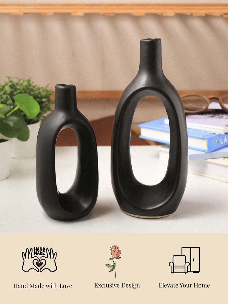 Purezento Modern Kieko Vases for Home Decor | Centerpieces | Kitchen | Office or Living Room with Unique Quality for Home Decor Center Table, Flowers Pot (Black,8 * 6 Inch,Pack of 2), Ceramic - Image 3