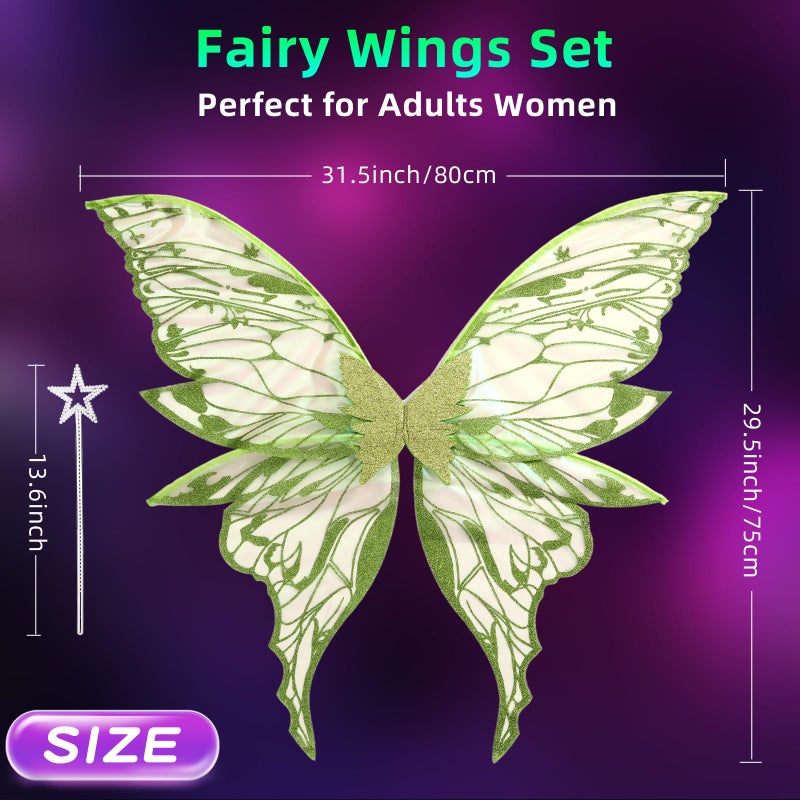 Loieryk Fairy Wings for Adults Women 31.5"x29.5" Fairy Costume Set Large Butterfly Wings for Halloween Party Green - Image 4