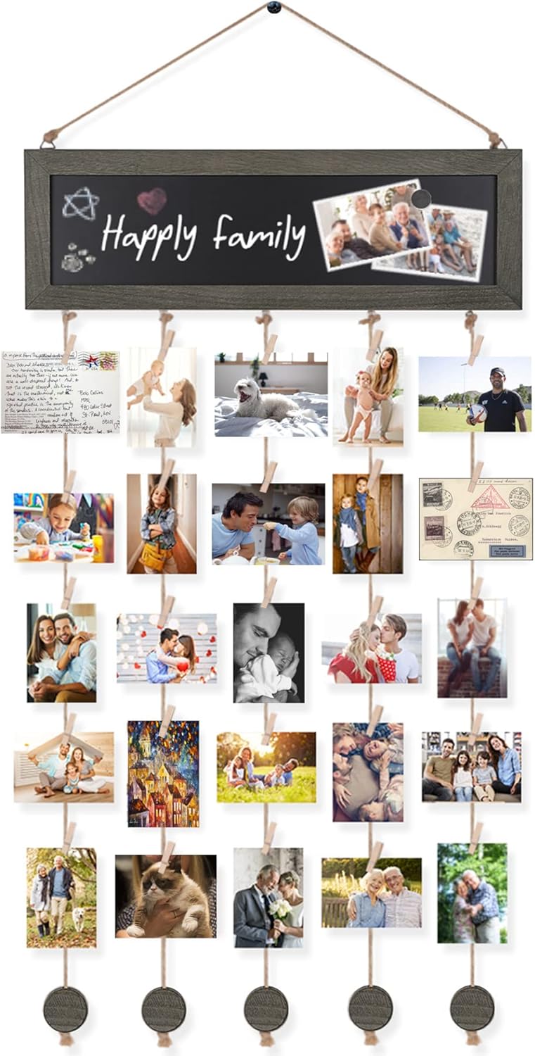 Bikoney Picture Frames Collage Photo Hanging Display Picture Board Wood Rustic Frames for Wall Decor with Blackboard and 30 Clips Weathered Grey - Image 1