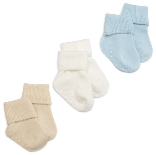 Jefferies Socks Baby Boy's Organic Cotton Non-Skid Turn Cuff Socks 3 Pair Pack, Light Blue/Natural/White, 1-3 Months - Image 4