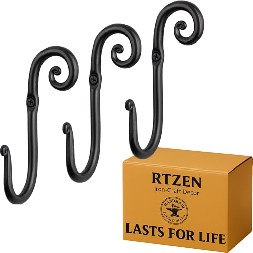 RTZEN Wall Mount Hook Set - Wrought Iron Decorative Rustic Metal Coat Hooks for Hanging - Handcrafted Classic Farmhouse Wall Mounted Black Hooks for Towel Robe or Hat Hanging - 3 Pack - Image 1