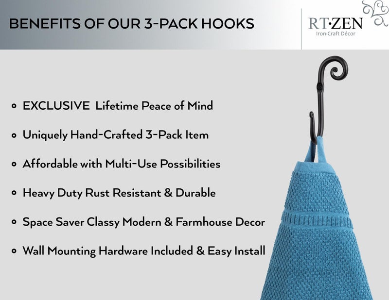 RTZEN Wall Mount Hook Set - Wrought Iron Decorative Rustic Metal Coat Hooks for Hanging - Handcrafted Classic Farmhouse Wall Mounted Black Hooks for Towel Robe or Hat Hanging - 3 Pack - Image 2