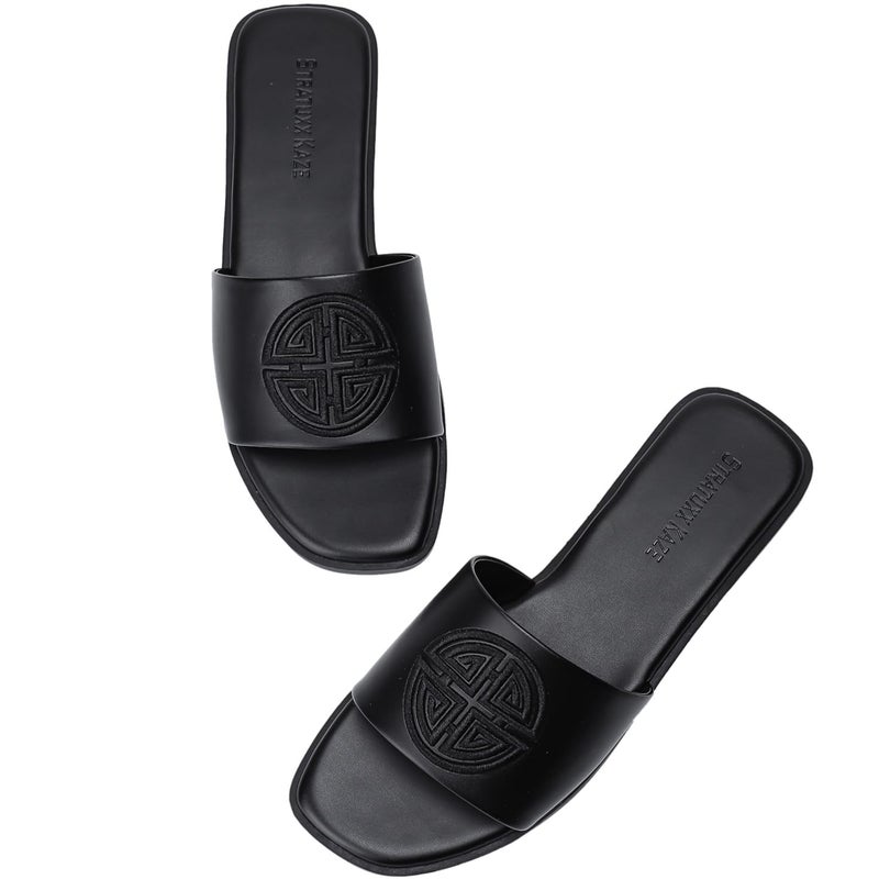 Stratuxx Kaze Womens Flat Sandals Dressy Summer Slide with Memory Foam Comfortable Cute Leather Black Sandals for Women - Image 1