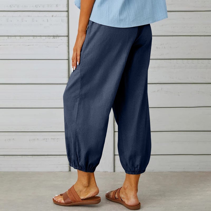 Larmliss Women's Capri Pants High Waist Drawstring Cinch Bottom with Button Cotton Loose Casual Trouser with Pockets Dark Blue - Image 4