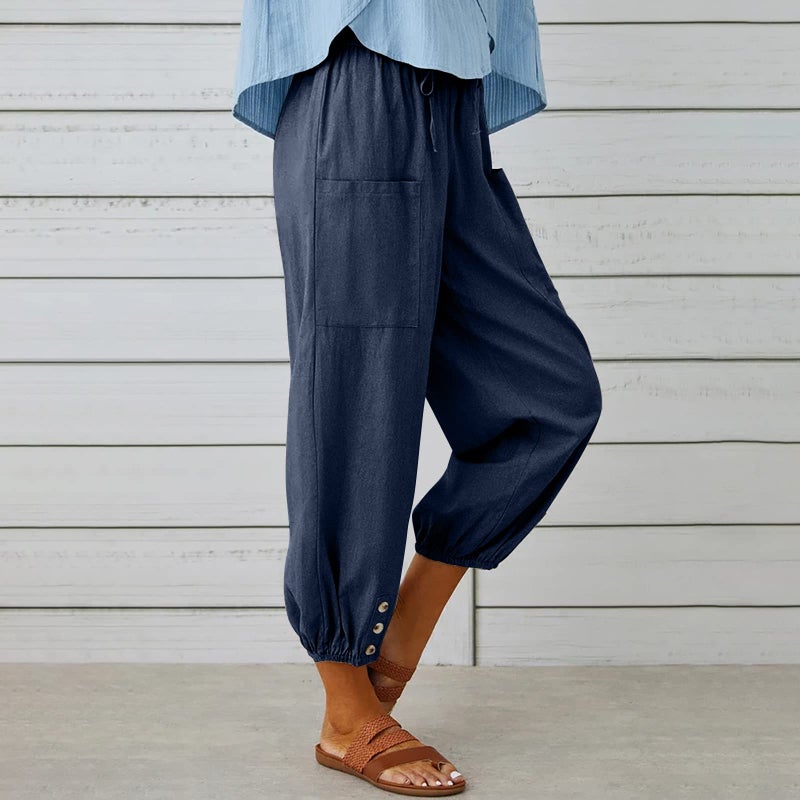 Larmliss Women's Capri Pants High Waist Drawstring Cinch Bottom with Button Cotton Loose Casual Trouser with Pockets Dark Blue - Image 3