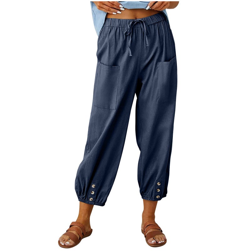 Larmliss Women's Capri Pants High Waist Drawstring Cinch Bottom with Button Cotton Loose Casual Trouser with Pockets Dark Blue - Image 1