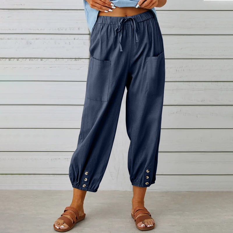 Larmliss Women's Capri Pants High Waist Drawstring Cinch Bottom with Button Cotton Loose Casual Trouser with Pockets Dark Blue - Image 2