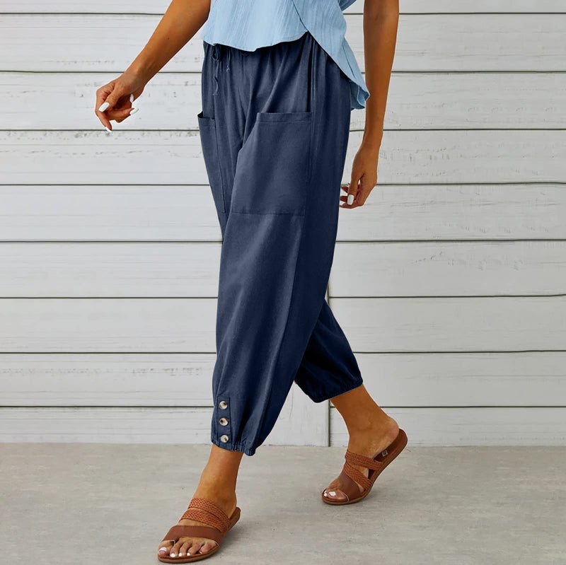 Larmliss Women's Capri Pants High Waist Drawstring Cinch Bottom with Button Cotton Loose Casual Trouser with Pockets Dark Blue - Image 5
