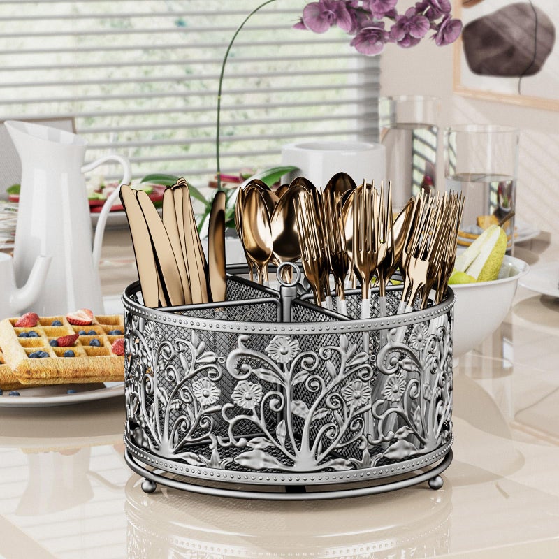 YIUKEA 360Â° Rotating Utensil Caddy - Silverware Cutlery Caddy Holder with 4 Compartment, Metal Flatware Organizer Countertop with Handle for Party Camping Picnic, Kitchen Counter, Office (Silver) - Image 2