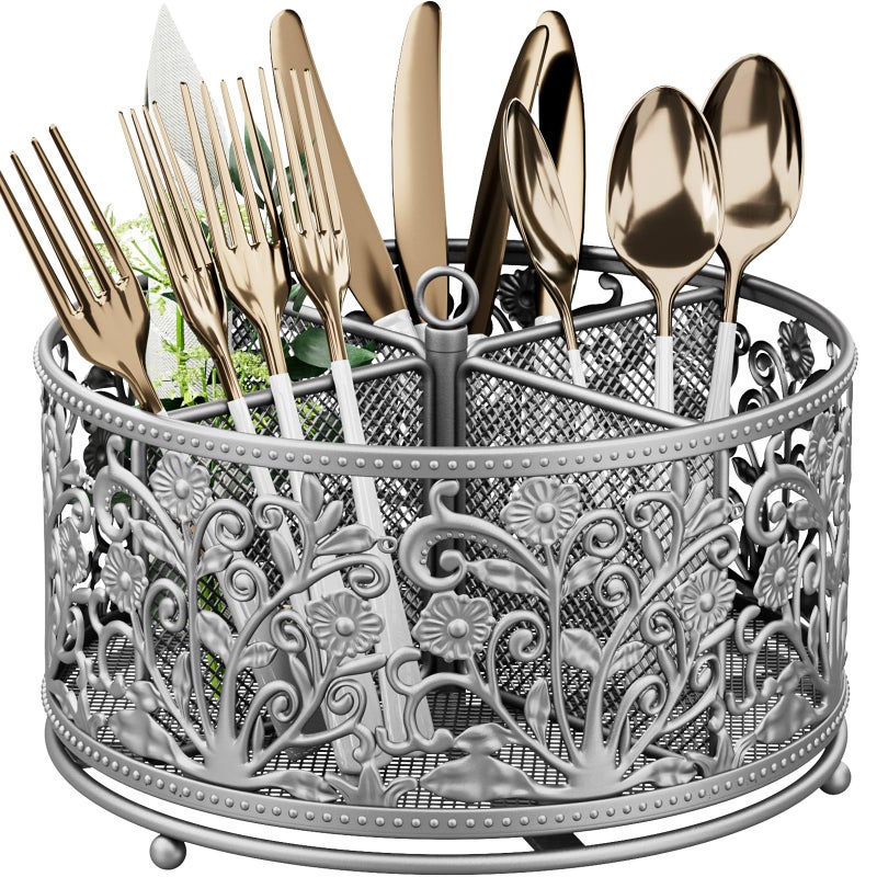 YIUKEA 360Â° Rotating Utensil Caddy - Silverware Cutlery Caddy Holder with 4 Compartment, Metal Flatware Organizer Countertop with Handle for Party Camping Picnic, Kitchen Counter, Office (Silver) - Image 1