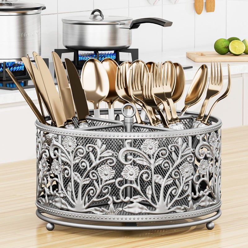 YIUKEA 360Â° Rotating Utensil Caddy - Silverware Cutlery Caddy Holder with 4 Compartment, Metal Flatware Organizer Countertop with Handle for Party Camping Picnic, Kitchen Counter, Office (Silver) - Image 3