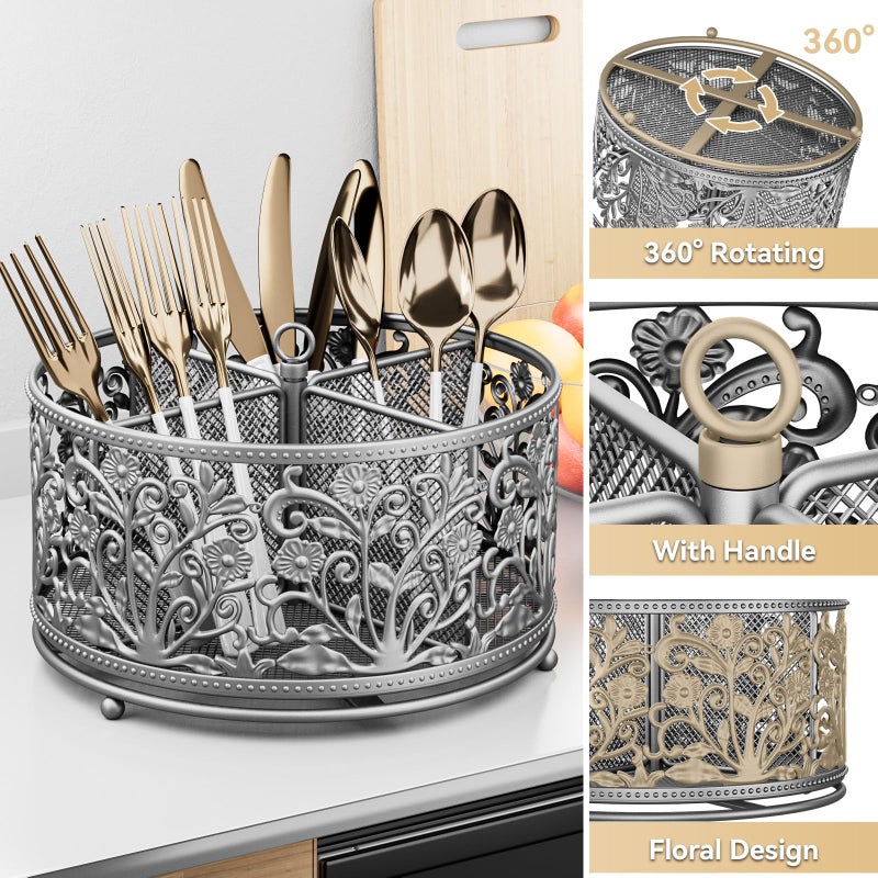 YIUKEA 360Â° Rotating Utensil Caddy - Silverware Cutlery Caddy Holder with 4 Compartment, Metal Flatware Organizer Countertop with Handle for Party Camping Picnic, Kitchen Counter, Office (Silver) - Image 5