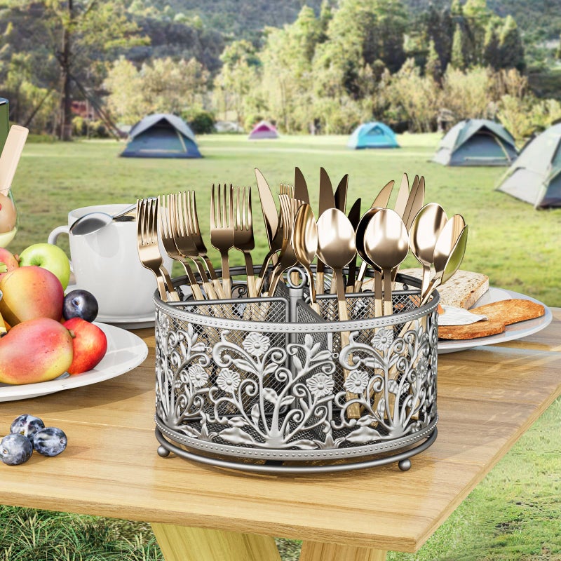 YIUKEA 360Â° Rotating Utensil Caddy - Silverware Cutlery Caddy Holder with 4 Compartment, Metal Flatware Organizer Countertop with Handle for Party Camping Picnic, Kitchen Counter, Office (Silver) - Image 4