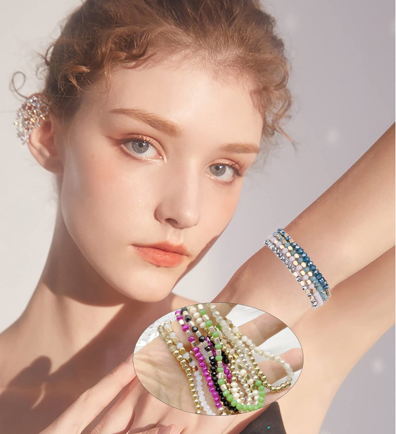 WAINIS 27-28Pcs Delicate Boho Beaded Bracelet Multi Layer Versatile Statement Bracelets Stackable stretch Cuff Sparkly Glass Crystal Beads bracelets - Image 3