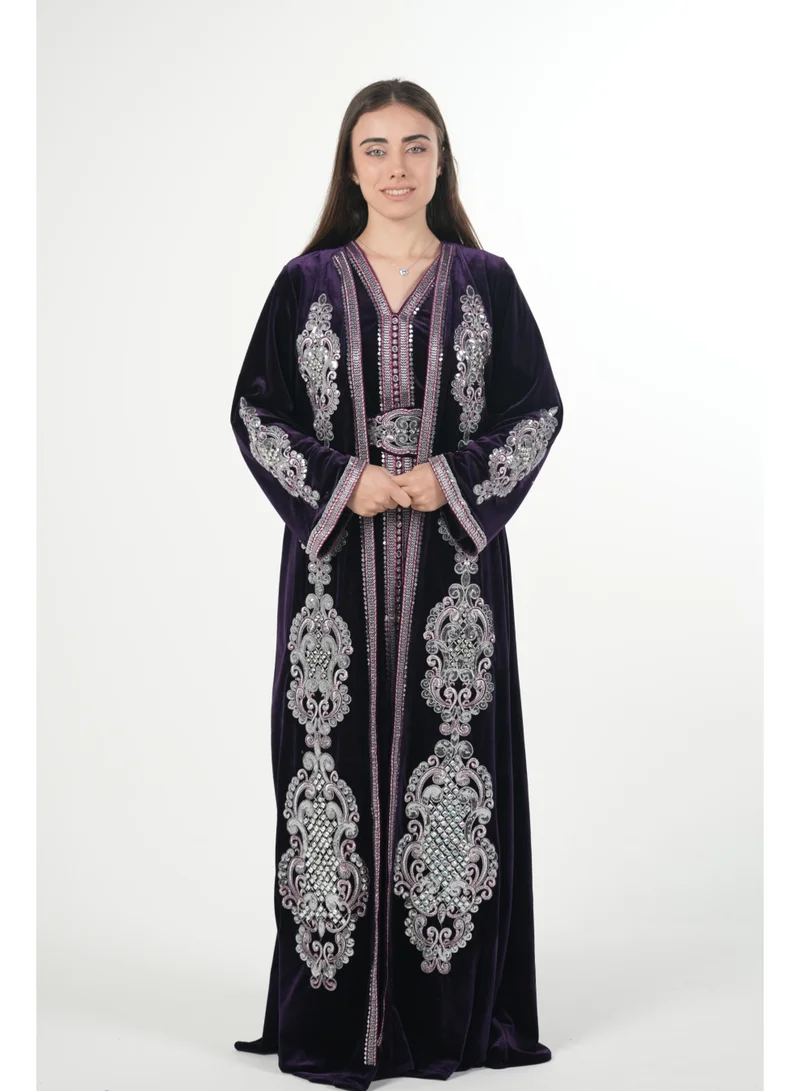 AL BENT AL SHARQIEH Velvet kaftan jalabiya dress with belt