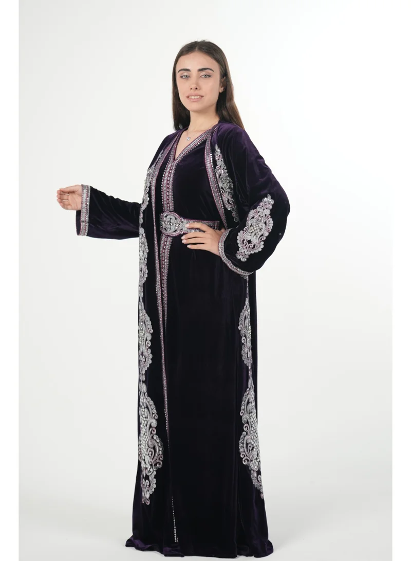 AL BENT AL SHARQIEH Velvet kaftan jalabiya dress with belt