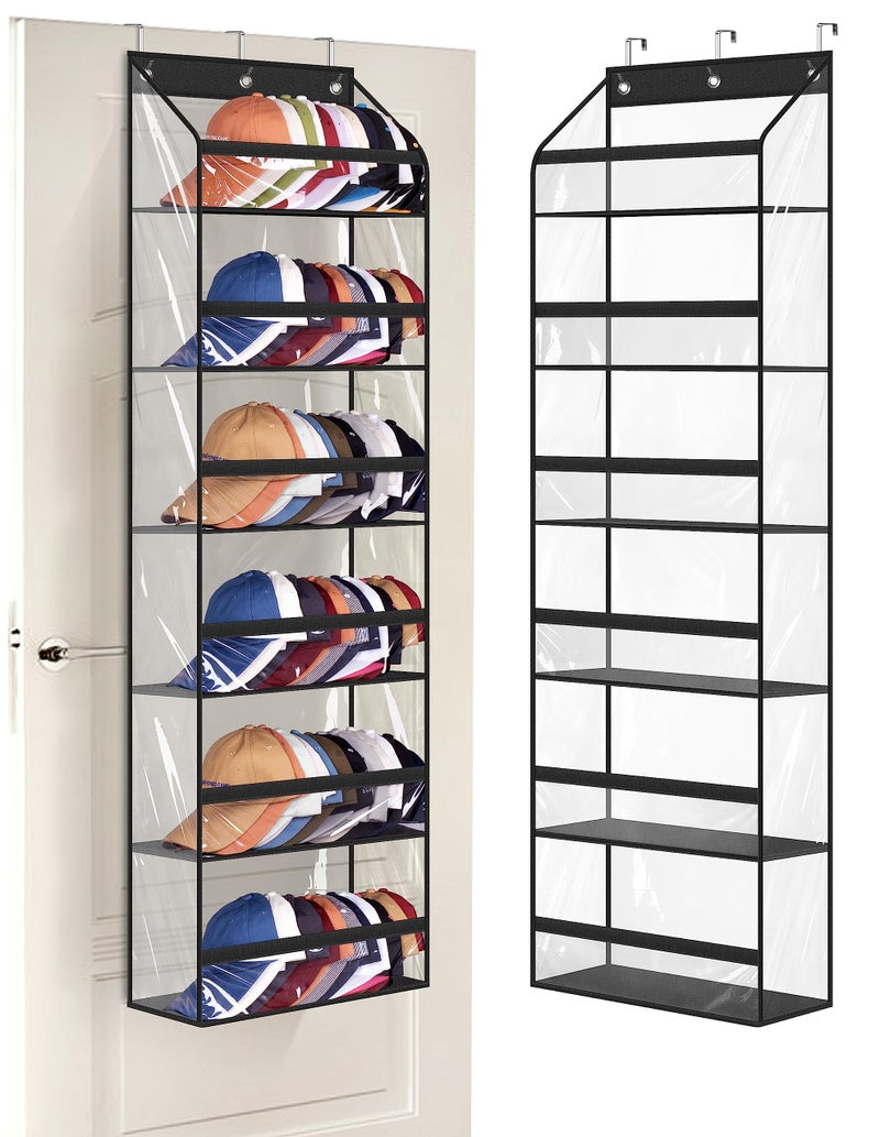 AOODA Clear Over The Door Hat Racks for Baseball Caps Large Holds up to 72 Caps Hat Storage Organizer for Closet Wall Deep Pockets Hanging Hat Holder with 3 Hooks Black