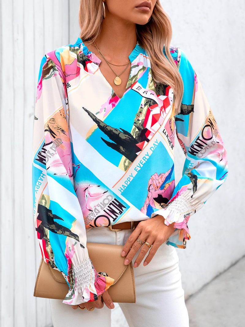 MASCOMODA Womens V Neck Floral Long Sleeve Tops 2026 Summer Casual Loose Puff Sleeve Chiffon Boho Work Blouse Dressy T Shirts(Graphic Print,Small) - Image 5