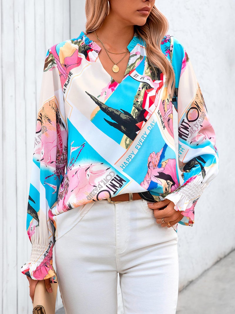 MASCOMODA Womens V Neck Floral Long Sleeve Tops 2026 Summer Casual Loose Puff Sleeve Chiffon Boho Work Blouse Dressy T Shirts(Graphic Print,Small) - Image 4