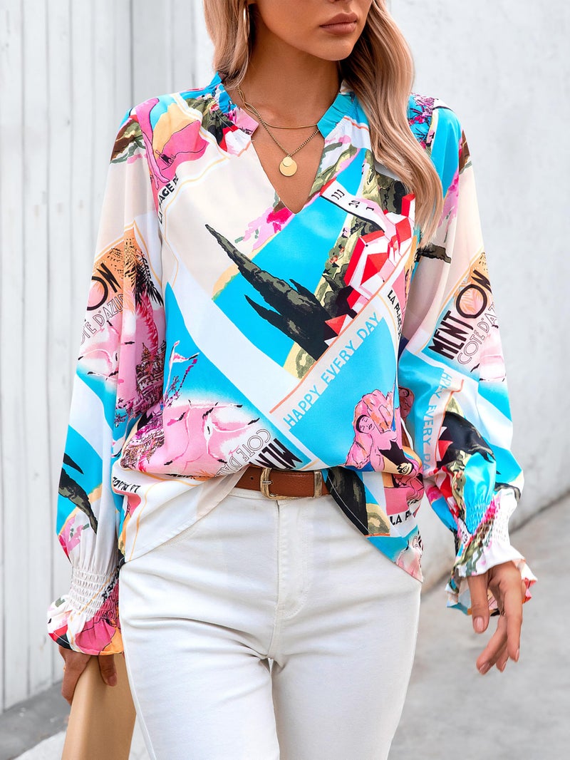 MASCOMODA Womens V Neck Floral Long Sleeve Tops 2026 Summer Casual Loose Puff Sleeve Chiffon Boho Work Blouse Dressy T Shirts(Graphic Print,Small) - Image 3
