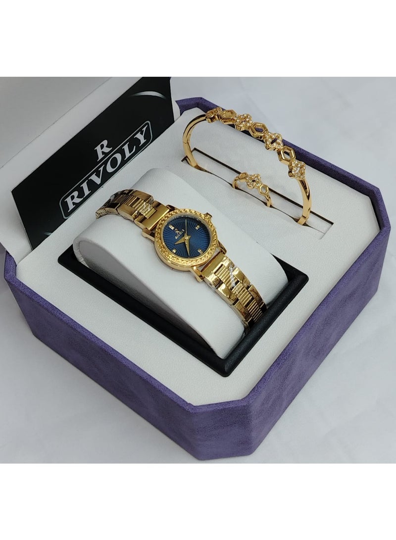 ريفولي طقم نسائي راقٍ بساعة بتصميم فاخر على شكل قطرة، مرصعة بالكريستال مع سوار أنيق يعكس لمسة فخامة وجاذبية