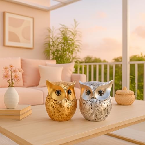SRJANA Modern Classy Lucky Owl Combo Resin Art Figure Showpiece (Pack of 2, Golden and Silver) - Image 2