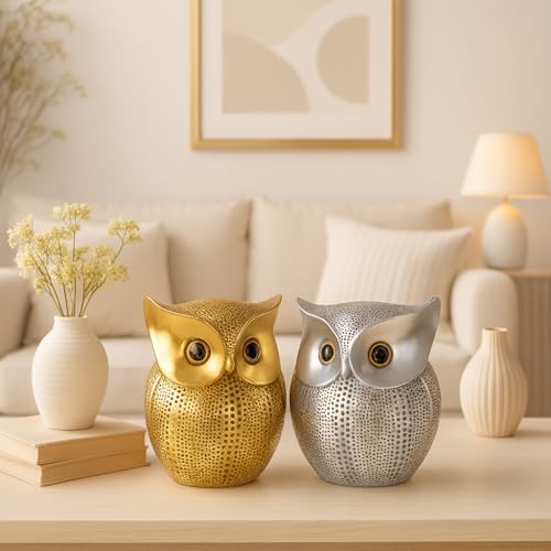 SRJANA Modern Classy Lucky Owl Combo Resin Art Figure Showpiece (Pack of 2, Golden and Silver) - Image 5