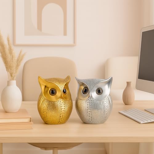 SRJANA Modern Classy Lucky Owl Combo Resin Art Figure Showpiece (Pack of 2, Golden and Silver) - Image 3