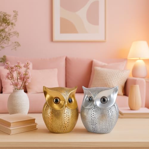 SRJANA Modern Classy Lucky Owl Combo Resin Art Figure Showpiece (Pack of 2, Golden and Silver) - Image 1