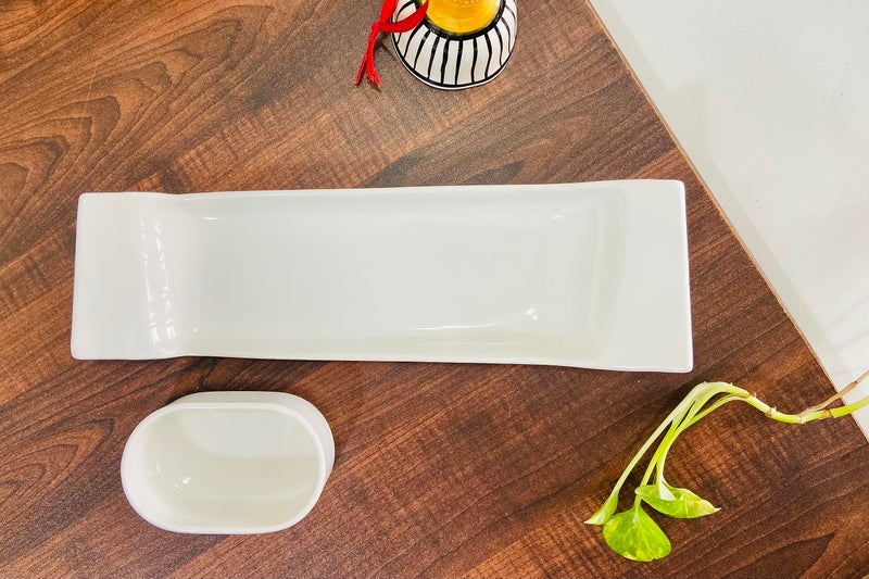 ALTAICA Porcelain Platter with Dip Round Bowl Serving for Snacks, Starter, Salad, Perfect for Modern Kitchen Size - 26 x 8 x4 cm - Image 3