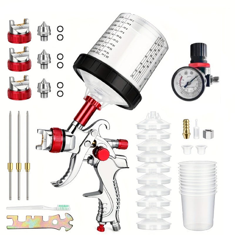 Red Spray Gun Kit Three Nozzles 1.4Mm 1.7Mm 2.0Mm With Pressure Gauge - Image 1