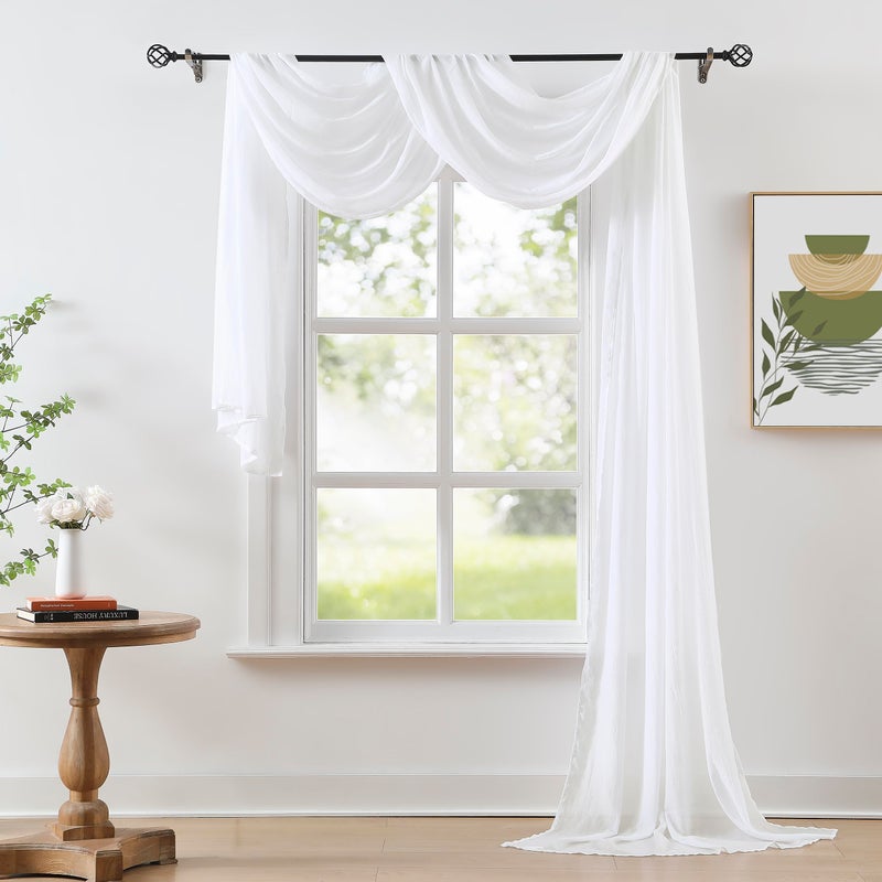 Purainbow White Chiffon Sheer Window Scarf Valance Curtains 18ft for Living Room Bedroom Decor, 216 Inch Long Chiffon Crinkle Soft Window Sheer Voile Valance for Holiday, Wedding Party Decor, 52"W, 1 Piece - Image 1