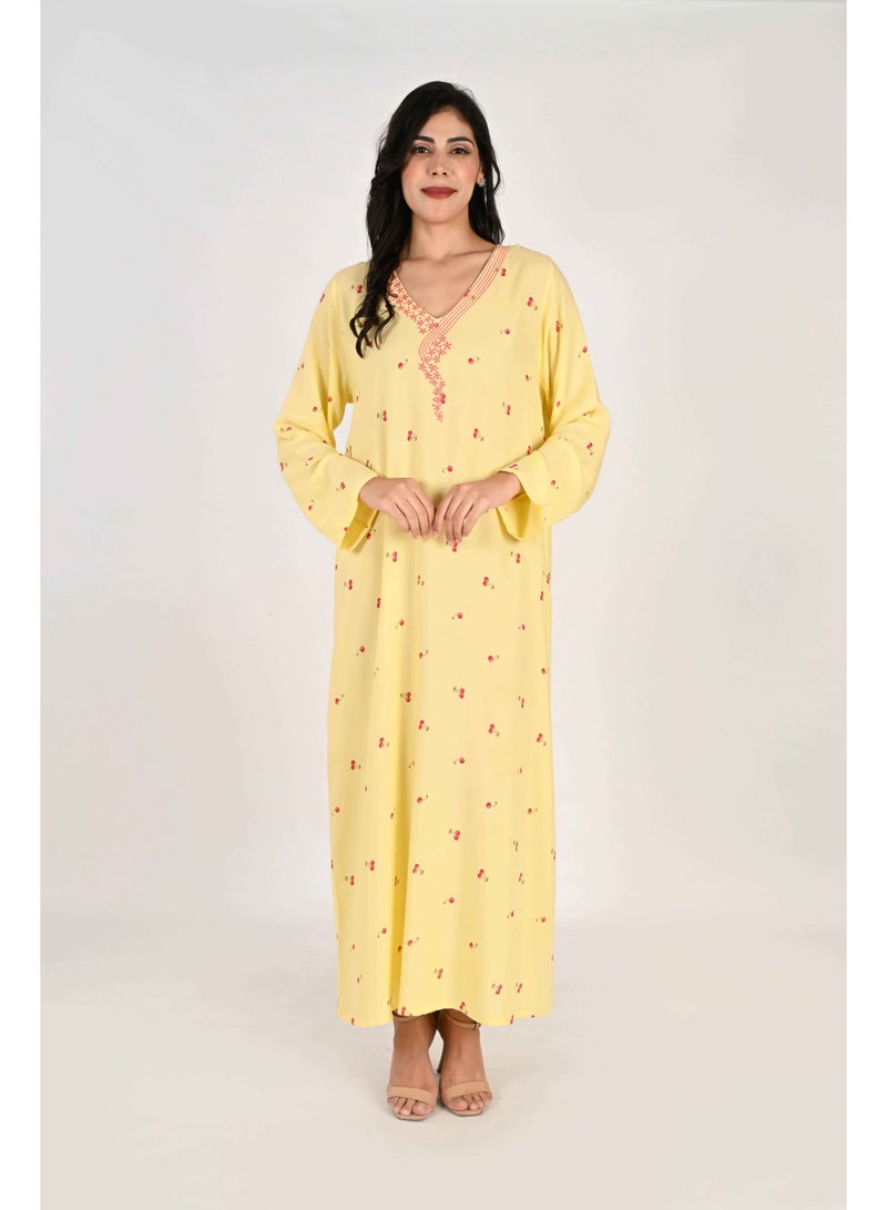 Linelle Ladies Jalabiya – Yellow with Cherry Print and Embroidered Neckline - Image 1