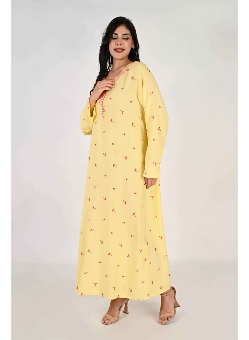 Linelle Ladies Jalabiya – Yellow with Cherry Print and Embroidered Neckline - Image 5