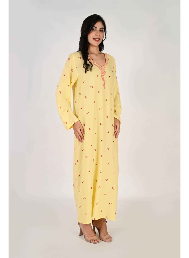 Linelle Ladies Jalabiya – Yellow with Cherry Print and Embroidered Neckline - Image 2