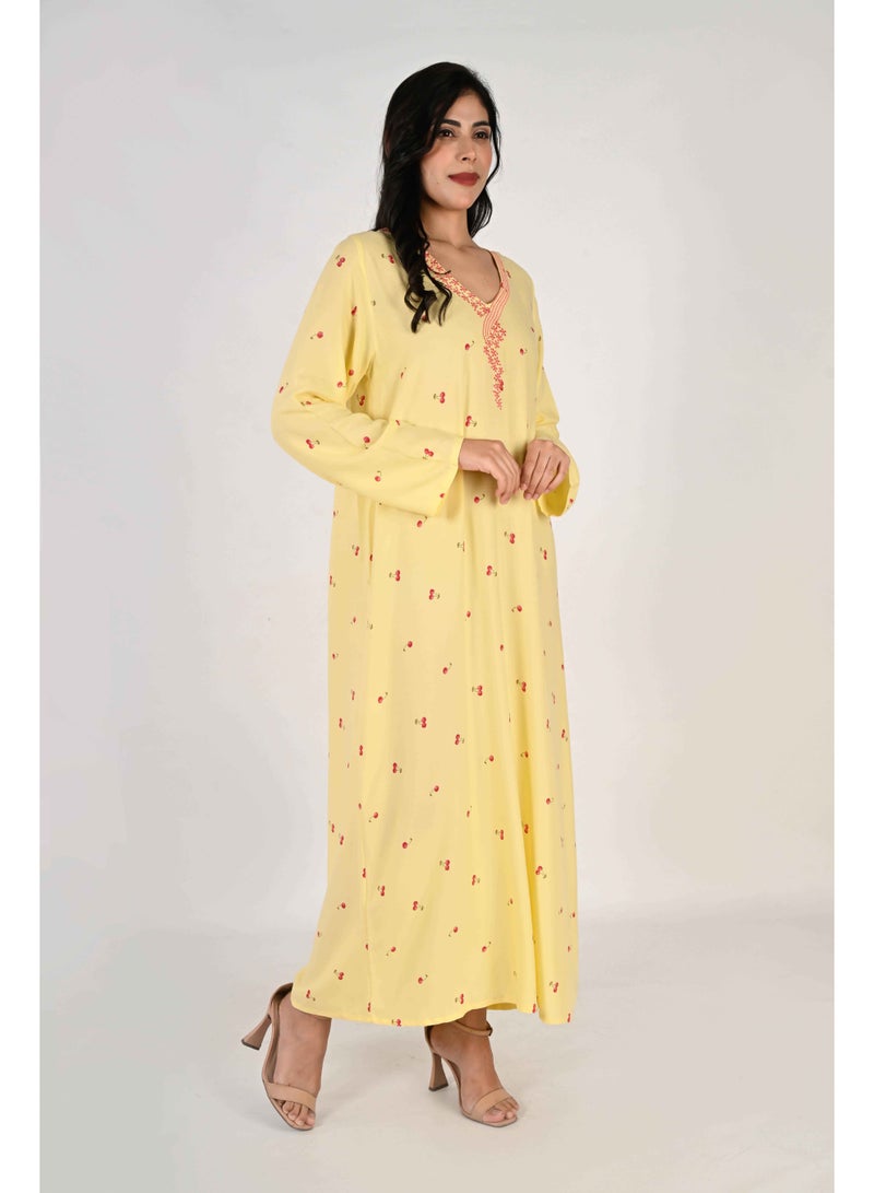 Linelle Ladies Jalabiya – Yellow with Cherry Print and Embroidered Neckline - Image 3