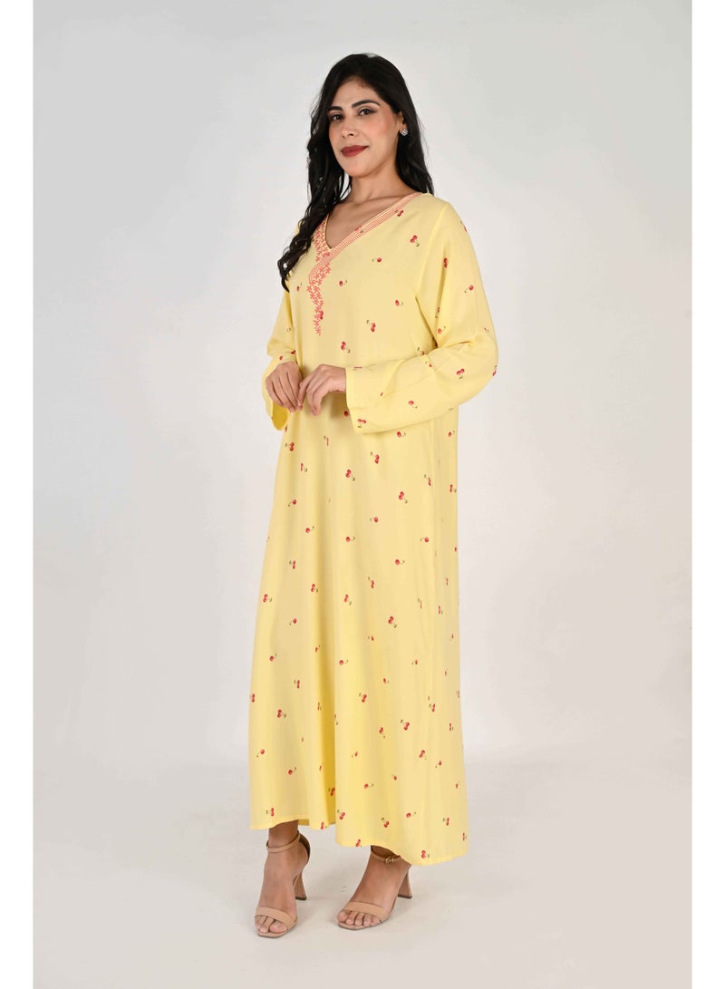 Linelle Ladies Jalabiya – Yellow with Cherry Print and Embroidered Neckline - Image 4