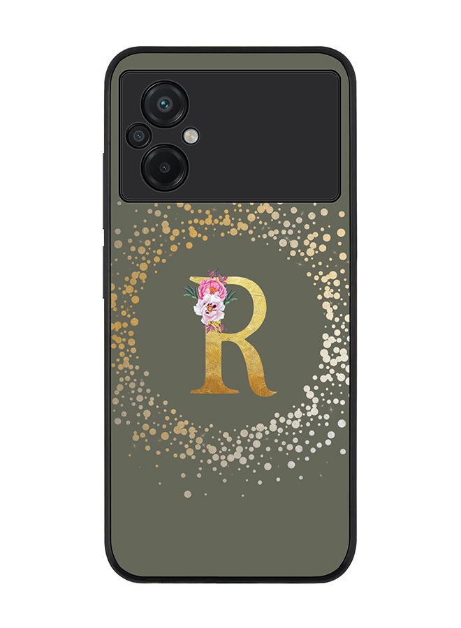 Stylizedd Rugged Black edge case for Xiaomi Poco M5 Slim fit Soft Case Flexible Rubber Edges TPU Gel Thin Cover - Custom Monogram Initial Letter Floral Pattern Alphabet - R (Olive Green) - Image 1