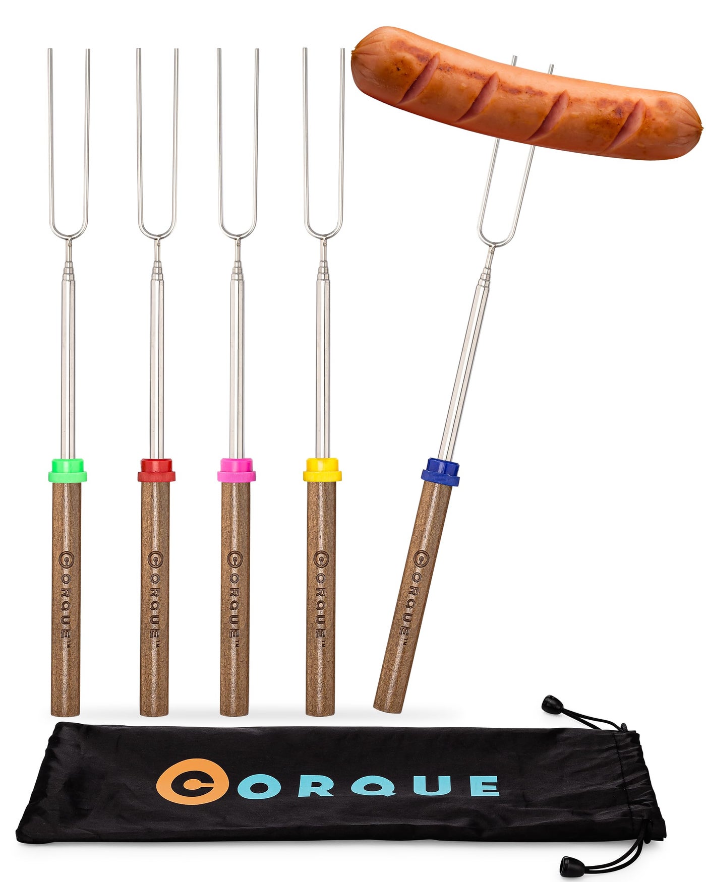 CORQUE Marshmallow Roasting Sticks Smores Sticks Extendable Camping Skewer for Fire Pit Wooden Handle 32inch Metal for BBQ Hotdog Cooking Campfires Bonfires Set of 5