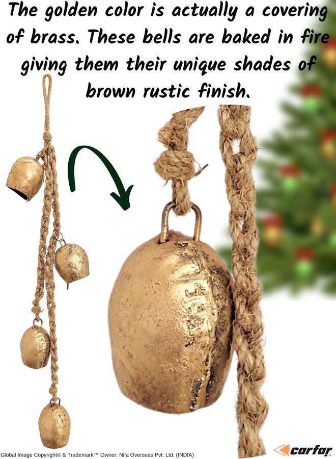 Carfar Set of 4 Handcrafted 2.5 Inch Small Round Cow Bell Clusters on Jute Rope - Shabby Chic Vintage Rustic Harmony Christmas Hanging Ornaments - Image 4